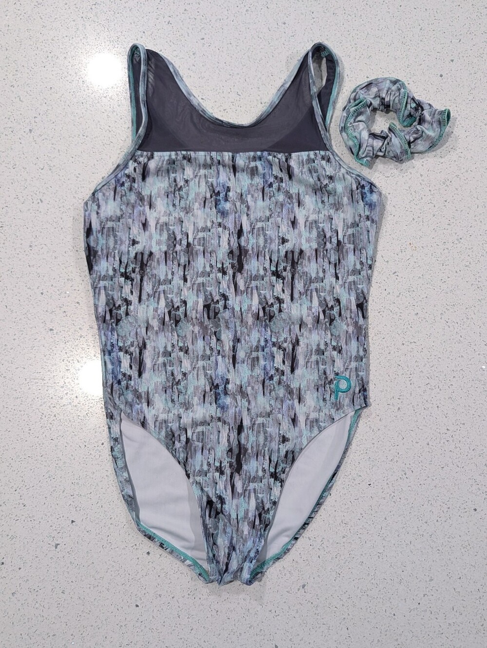 BEAUTIFUL Plum Gymnastics Dance Leotard Medium Gray Blue Teal Mesh + SCRUNCHIE